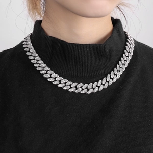 Silver-toned 15mm full diamond iced out Cuban link chain necklace on a model