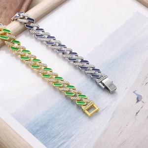 Hip hop iced out Cuban link bracelets in gold green and silver blue enamel finishes