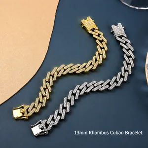 13mm Hip-Hop Iced-Out Rhomben-Panzerarmband in Gold und Silber mit funkelnden Zirkonia