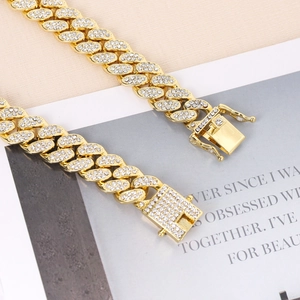15mm gold Cuban link chain necklace for men featuring ice out rhinestones and box clasp