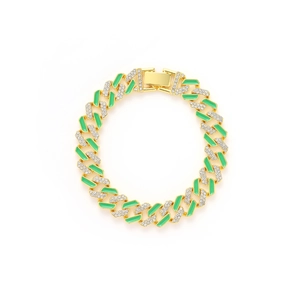Luxurious Cuban link bracelet featuring golden finish with green enamel and white zircons