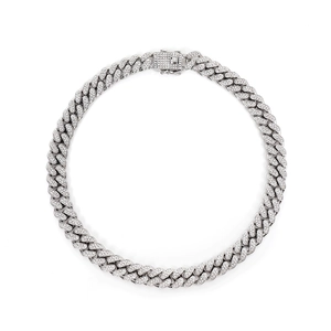 Silver iced-out Cuban link necklace featuring dense zircon stones and a square fold-over clasp