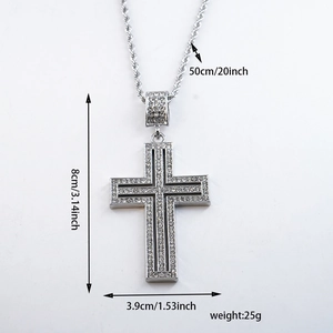 Detailed size specifications for large iced out cross pendant with silver rope chain