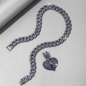 Hiphop cuban link chain with broken heart pendant in purple zircon and gunmetal finish