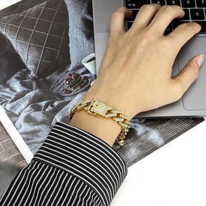 Bracelet cubain 12mm en or avec strass étincelants pour hommes style hip hop tendance