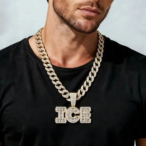 Collier Pendentif Lettre ICE Hip Hop Iced Out pour Hommes Femmes Alliage Strass Mailles Cubaines Bijoux de Rue Bling