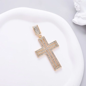 Luxurious gold-tone double-layered cross pendant set with sparkling pave crystals
