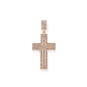 Iced out gold plated cross pendant with shimmering crystals in a hollow frame design