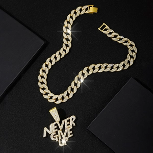 Hip hop Never Give Up iced out letter pendant with golden Cuban chain necklace
