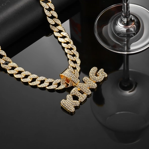 Hip hop gold Cuban chain necklace with a iced out KING letter pendant on black leather