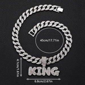 Hip hop iced out silver Cuban link chain with KING letter pendant on black leather
