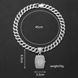 Hip hop silver Cuban link necklace with iced-out watch pendant and crystal stones