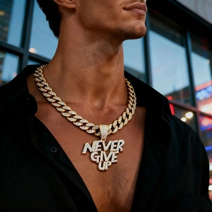 Hip hop gold Cuban link necklace with iced out NEVER GIVE UP pendant on a model