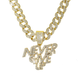 Hip-hop Cuban link necklace in gold with NEVER GIVE UP iced out rhinestone pendant
