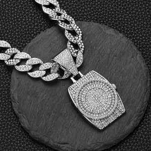 Iced out hip hop Cuban link necklace with large watch pendant in silver finish