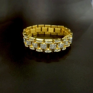 Classic Cuban link bracelet with triple-row crystal inlays and watchband-style clasp