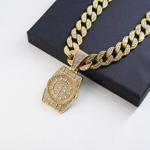 Men's hip hop gold Cuban chain necklace with a luxury iced-out watch pendant
