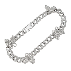 Glänzende silberne Schmetterlings-Cuban-Kette mit Strasssteinen im Hip-Hop-Stil