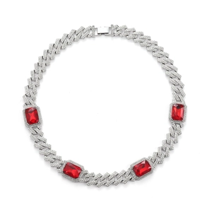 Mens iced out Cuban link necklace featuring rectangular rubies and silver chain links