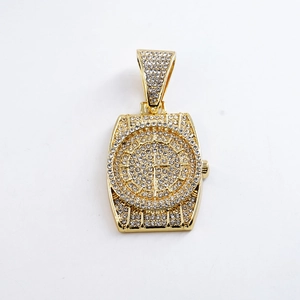 Hip hop style gold watch pendant necklace with iced out crystal pavé for men fashion