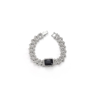 Silver Cuban link necklace with rectangular black gemstone and sparkling rhinestones