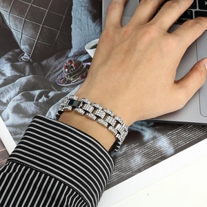 Silver cuban link bracelet with sparkling rhinestones and watch buckle design for men