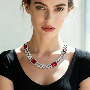 Hip Hop Alloy Cuban Link Necklace Rhinestone Inlaid Rectangular Artificial Gemstone Pendant Necklace For Men Women Jewelry