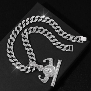 Silver iced-out hip hop necklace with muscle man and dollar sign money bag pendant