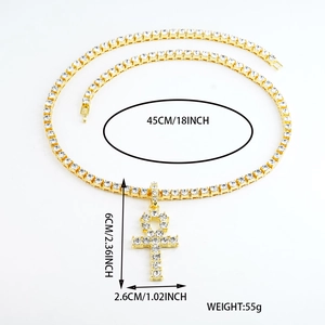 Hiphop 18-inch gouden tennisketting met iced out Ankh-kruis hanger voor heren