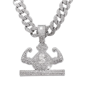 Iced out silver money bag pendant with muscular arms on a thick Cuban link chain