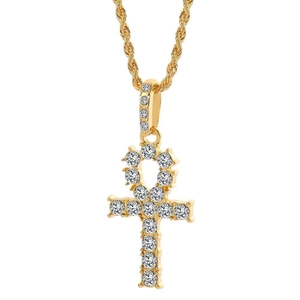 Hip hop gouden Ankh kruis hanger ketting met strassteentjes en gedraaide ketting