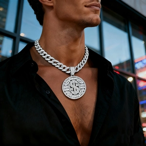 Collier hip hop pour homme avec chaîne cubaine argentée et pendentif signe dollar pavé