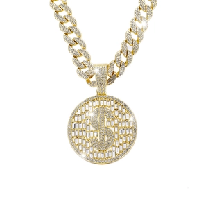 Collier maille cubaine dorée hip hop avec pendentif signe dollar serti de diamants