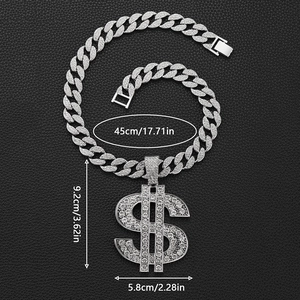 Silver iced out dollar sign hip hop necklace with cuban chain and size measurements