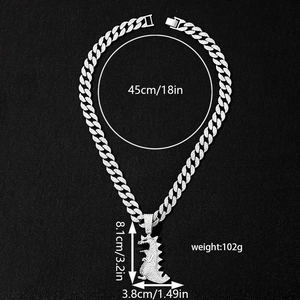 Detailed size specifications for a hip hop iced-out dinosaur pendant and cuban link chain
