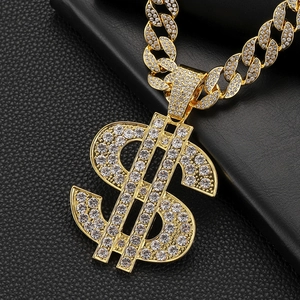 Hip hop gold dollar sign pendant necklace with crystals on cuban link chain