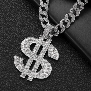 Hip-hop silver dollar sign pendant necklace with iced-out pave setting cuban chain