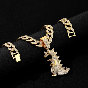 Hip hop gold plated Cuban link necklace with iced-out Tyrannosaurus dinosaur pendant