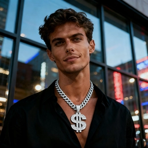 Hip Hop Dollar Sign Pendant Necklace For Men Zinc Alloy Pave Rhinestone Large Money Symbol Cuban Link Chain Street Jewelry