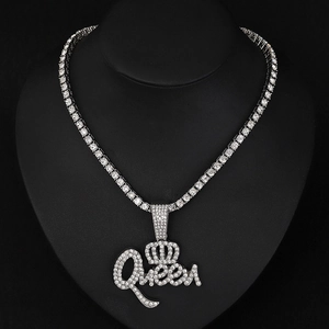 Collana con ciondolo Queen corona argento hip hop con catena tennis ghiacciata uomo e donna