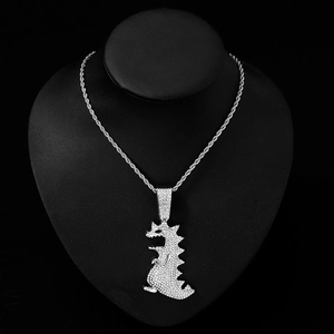 Hip hop silver dinosaur pendant with sparkling cubic zirconia on twisted rope chain necklace