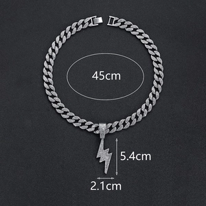 Iced out hip hop cuban link chain with lightning bolt pendant and 45cm measurements