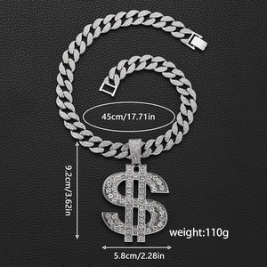 Hip hop silver dollar sign necklace with iced out crystals and thick Cuban link chain dimensions