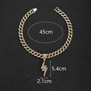 Detailed dimensions of the iced out gold lightning bolt pendant on 45cm cuban link chain