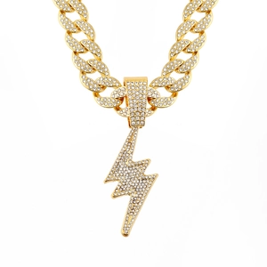 Hip hop gold plated Cuban link chain with sparkling iced-out lightning bolt pendant