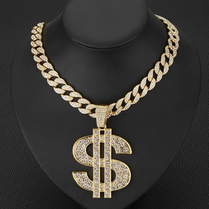 Gold-plated hip hop necklace with Cuban link chain and iced-out dollar sign pendant