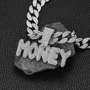 Hip hop ασημένιο μενταγιόν MONEY με κρύσταλλα και παχιά αλυσίδα κουβανέζικου τύπου