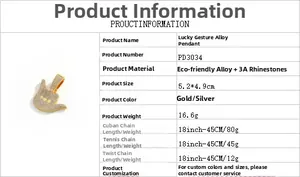 Detailed specs of iced-out hand gesture pendant and various hip hop chain options