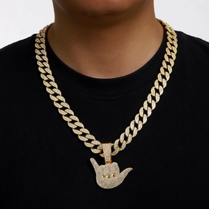 Hip Hop Men Zinc Alloy Rhinestone Hand Gesture Pendant Necklace Personalized Iced Out Cuban Tennis Rope Chain Jewelry Gift