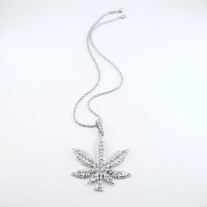Silver iced out weed leaf pendant with rope chain necklace for hip hop fashion style
